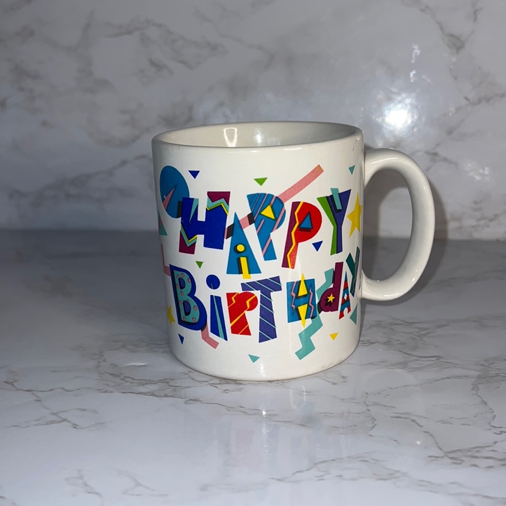 Happy Birthday Coffee Cup. Confetti and Vibrant Colors